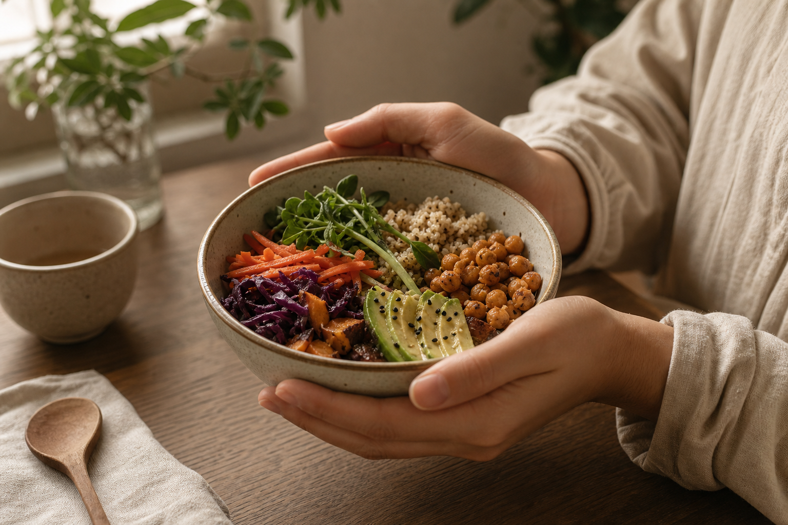 Mindful bowl of fresh vegetables and grains on a wooden table